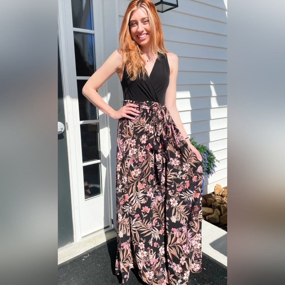 ONETHELAND  BOHO Floral Maxi Dress in Black and‎ Pink